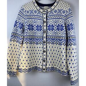 L.L.Bean Sz MP Nordic Fair Isle Sweater Cardigan Blue Ivory Women's Metal Button